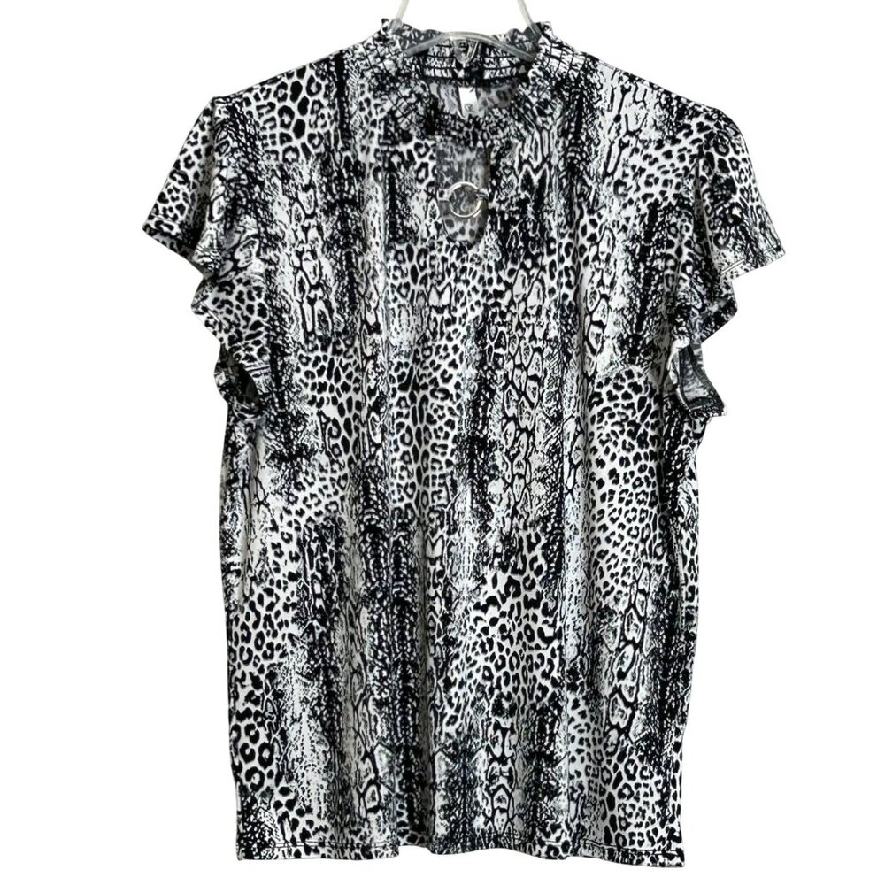 NY Women Collection Black and White Animal Print Front Keyhole 1X Blouse
